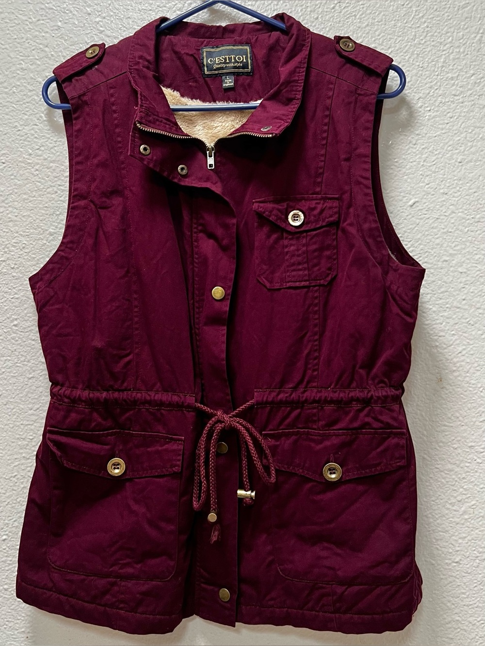 C'est Toi Women's Burgundy Utility Vest with Drawstring Waist L